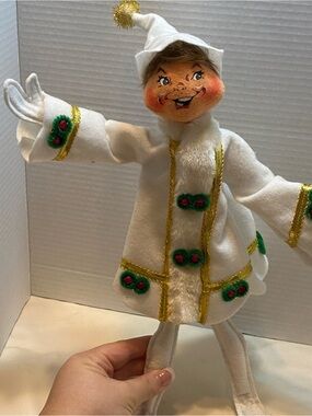 Annalee White Elf Doll with Gold Trim and Green-Red Holly Accents